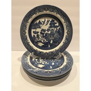 Set of 7 Churchill Blue Willow Dinner Plates 10" England Ironstone